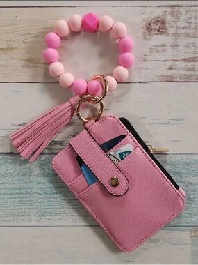 Pink Wristlet Card Holder Keychain with Tassel